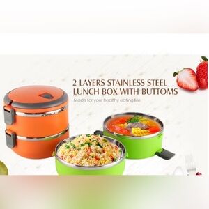 2-Layer Stainless Steel Lunch Box with Secure Clips - Green & Orange